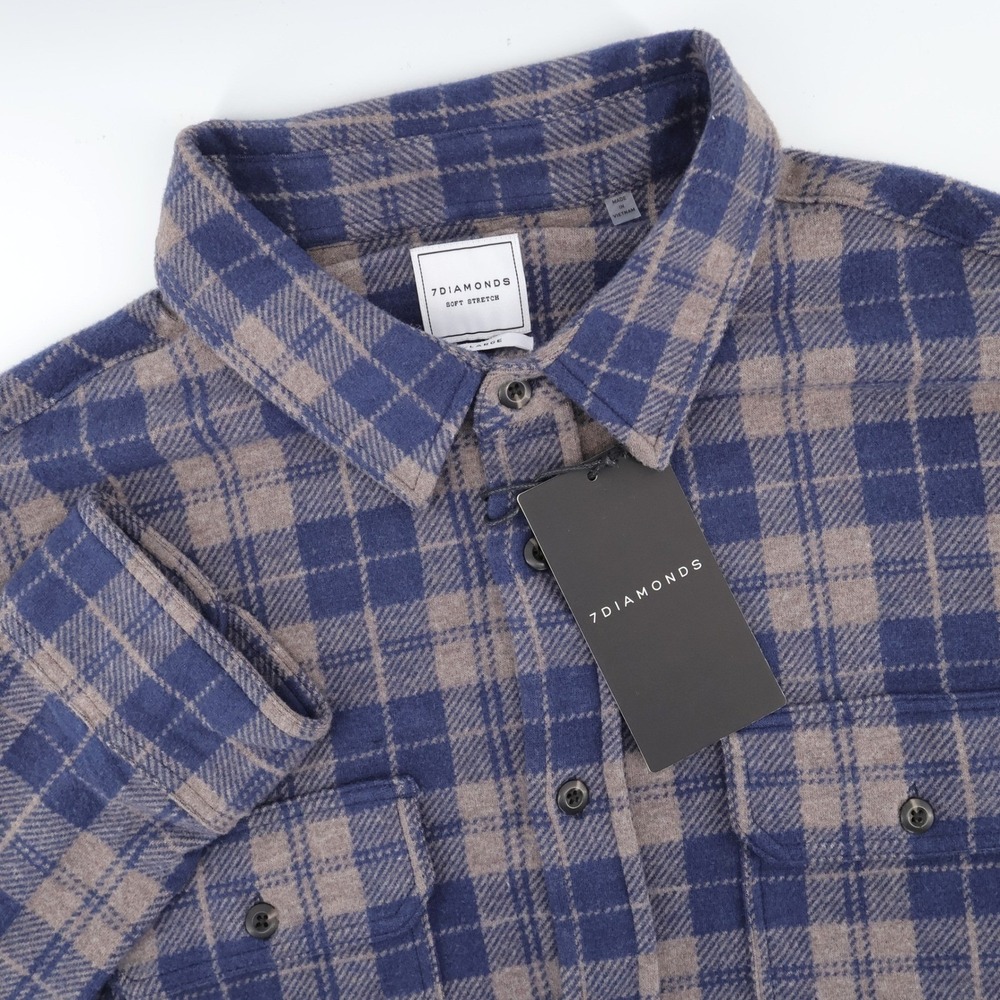 NEW 7 Diamonds Mens XL Atlas 4-Way Stretch Flannel Shirt Khaki Blue Plaid